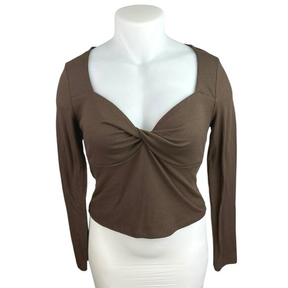 Mango MNG Brown Rib Knit Long Sleeve Ruched Knot Pullover Crop Sweater Top Sz XL - Picture 1 of 4
